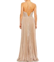 Mac Duggal Metallic Pleated Deep V-Neck Crisscross Back Detail Sleeveless Gown