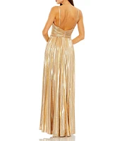 Mac Duggal Metallic Pleated V-Neck Sleeveless Sweetheart Neck Gown