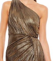 Mac Duggal Metallic Ruched Asymmetrical One Shoulder Sleeveless Thigh High Slit Faux Wrap Gown