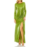 Mac Duggal Metallic Scoop Neckline Long Sleeve Ruched Bodice Gown