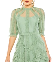 Mac Duggal Mock Neck Short Sleeve Tiered Ruffled Pleated Embellished A-Line Midi Dress