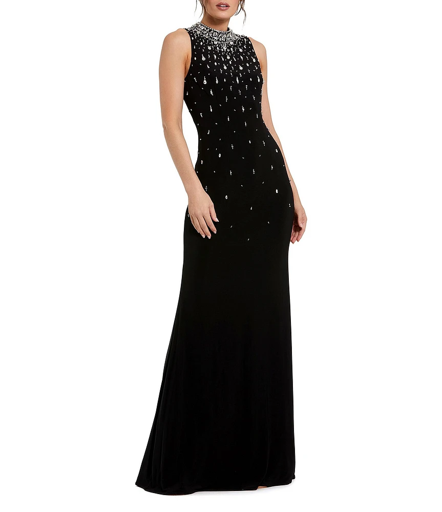 Mac Duggal Mock Neck Beaded Trim Stretch Jersey Column Gown
