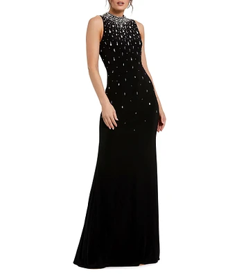 Mac Duggal Mock Neck Beaded Trim Stretch Jersey Column Gown