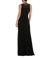 Mac Duggal Mock Neck Beaded Trim Stretch Jersey Column Gown