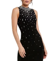 Mac Duggal Mock Neck Beaded Trim Stretch Jersey Column Gown