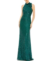 Mac Duggal Mock Neck Bow Shoulder Sequin Column Gown