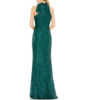 Mac Duggal Mock Neck Bow Shoulder Sequin Column Gown