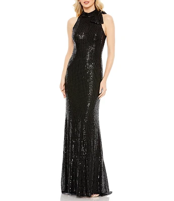 Mac Duggal Mock Neck Bow Shoulder Sequin Column Gown