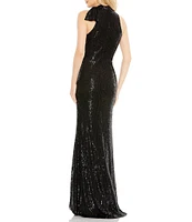 Mac Duggal Mock Neck Bow Shoulder Sequin Column Gown