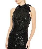 Mac Duggal Mock Neck Bow Shoulder Sequin Column Gown