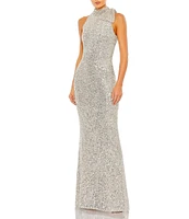 Mac Duggal Mock Neck Bow Shoulder Sequin Column Gown