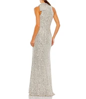 Mac Duggal Mock Neck Bow Shoulder Sequin Column Gown