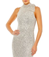 Mac Duggal Mock Neck Bow Shoulder Sequin Column Gown