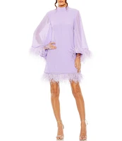 Mac Duggal Mock Neck Long Wide Sleeve Feather Trim Mini Dress