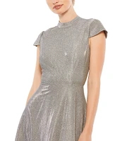 Mac Duggal Mock Neck Metallic Cap Sleeve Fit & Flare Midi Dress