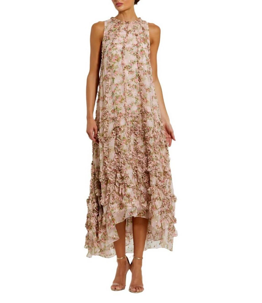 Mac Duggal Mock Neck Micro Ruffle Printed Chiffon Shift Midi Dress