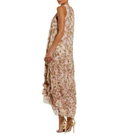 Mac Duggal Mock Neck Micro Ruffle Printed Chiffon Shift Midi Dress