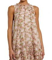 Mac Duggal Mock Neck Micro Ruffle Printed Chiffon Shift Midi Dress