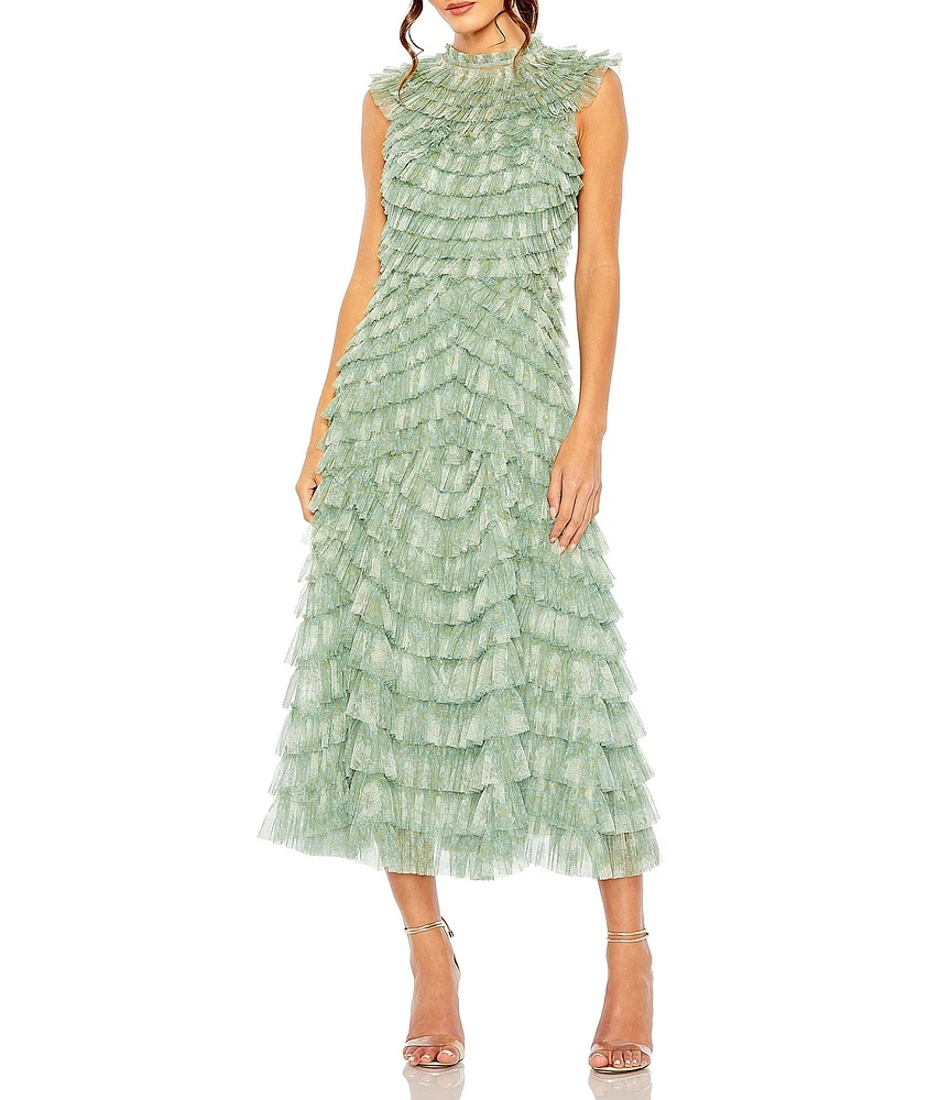 Mac Duggal Mock Neck Micro Ruffle Sleeveless Mesh Aline Midi