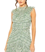 Mac Duggal Mock Neck Micro Ruffle Sleeveless Mesh Aline Midi