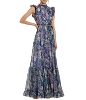 Mac Duggal Mock Neck Ruffle Shoulder Floral Printed Chiffon Maxi Dress