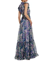 Mac Duggal Mock Neck Ruffle Shoulder Floral Printed Chiffon Maxi Dress