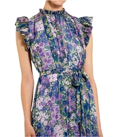 Mac Duggal Mock Neck Ruffle Shoulder Floral Printed Chiffon Maxi Dress