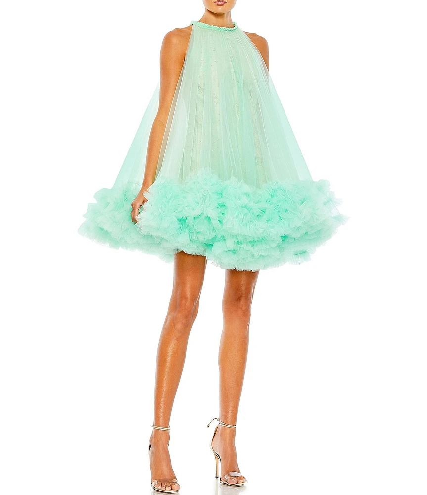 Mac Duggal Mock Neck Tulle Overlay Lace Swing Mini Dress