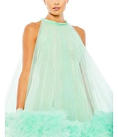 Mac Duggal Mock Neck Tulle Overlay Lace Swing Mini Dress