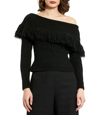 Mac Duggal Off-the-Shoulder Long Sleeve Fringe Trim Sweater