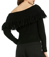 Mac Duggal Off-the-Shoulder Long Sleeve Fringe Trim Sweater