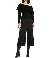 Mac Duggal Off-the-Shoulder Long Sleeve Fringe Trim Sweater