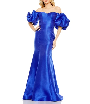 Mac Duggal Off-The-Shoulder Puff Short Sleeve Mermaid Gown