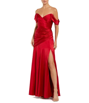 Mac Duggal Off-The-Shoulder Ruched Bodice Satin Charmeuse Drop Waist Gown