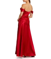 Mac Duggal Off-The-Shoulder Ruched Bodice Satin Charmeuse Drop Waist Gown