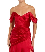 Mac Duggal Off-The-Shoulder Ruched Bodice Satin Charmeuse Drop Waist Gown