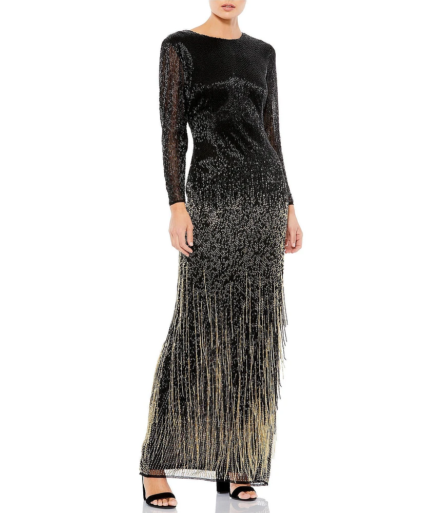 Mac Duggal Ombre Beaded Crew Neck Long Sleeve Sheath Gown