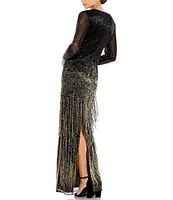 Mac Duggal Ombre Beaded Crew Neck Long Sleeve Sheath Gown