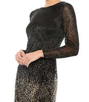 Mac Duggal Ombre Beaded Crew Neck Long Sleeve Sheath Gown