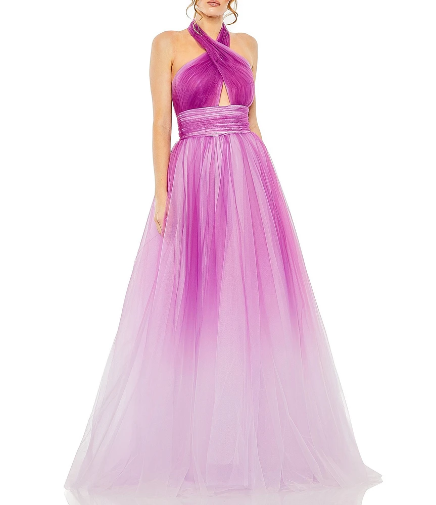 Mac Duggal Ombre Criss Cross Halter Neck Ball Gown