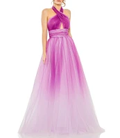 Mac Duggal Ombre Criss Cross Halter Neck Ball Gown