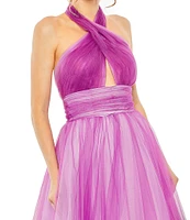 Mac Duggal Ombre Criss Cross Halter Neck Ball Gown