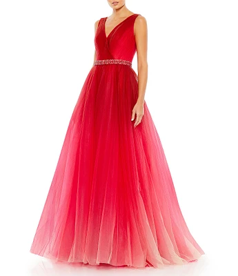 Mac Duggal Ombre Tulle Surplice V-Neck Sleeveless Embellished Belt Gown