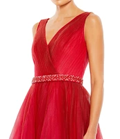Mac Duggal Ombre Tulle Surplice V-Neck Sleeveless Embellished Belt Gown