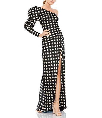 Mac Duggal One Puff Sleeve Polka Dot Satin Column Dress