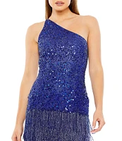 Mac Duggal One Shoulder Bead Fringe Sheath Mini Dress