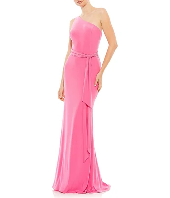 Mac Duggal One Shoulder Belted Jersey Trumpet Gown
