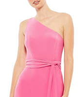 Mac Duggal One Shoulder Belted Jersey Trumpet Gown