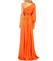 Mac Duggal One Shoulder Bishop Sleeve A-Line Gown