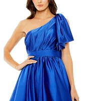 Mac Duggal One Shoulder Bow Detail Satin Fit & Flare Mini Dress